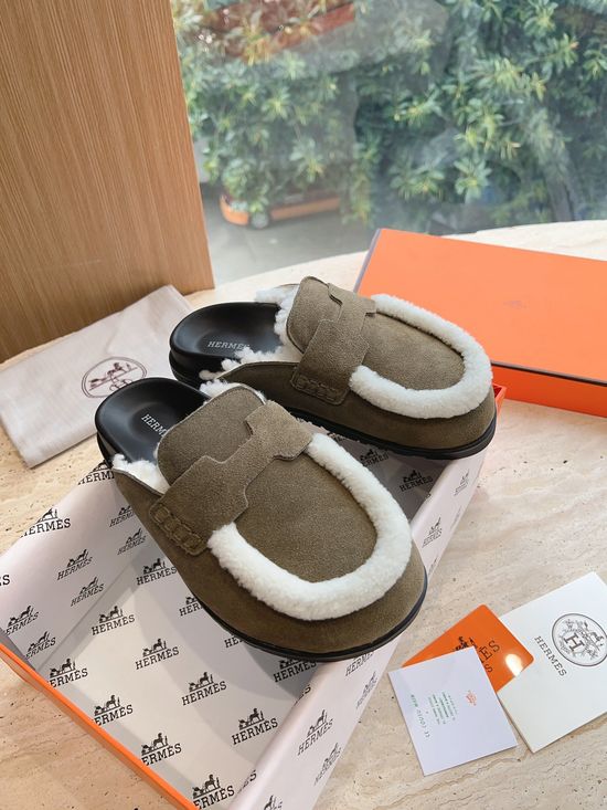 Hermes Suede Curly Fleece Lined Platform Slip-on Mules
