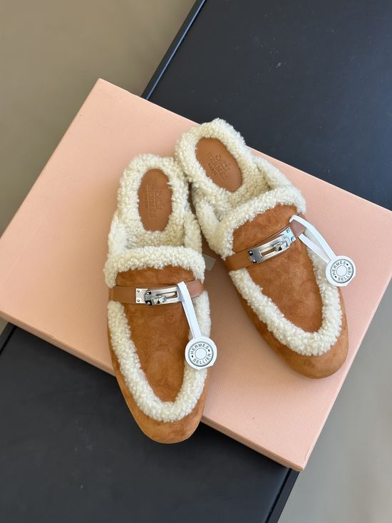 Hermes Premium Fur Lined Slip On Half Mules Slippers