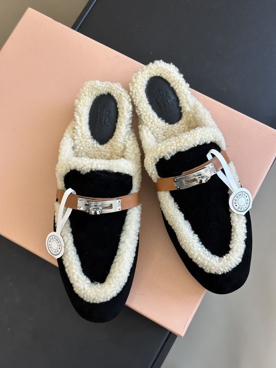Hermes Premium Fur Lined Slip On Half Mules Slippers