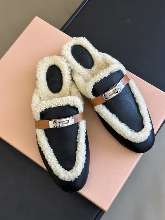 Hermes Premium Fur Lined Slip On Half Mules Slippers