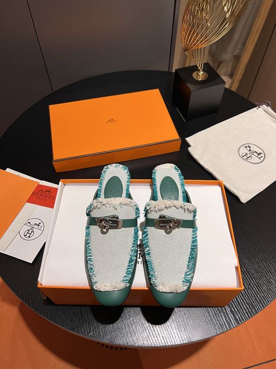 Hermes Colorblock Leather Fabric Mule Slides with Tassel Detail