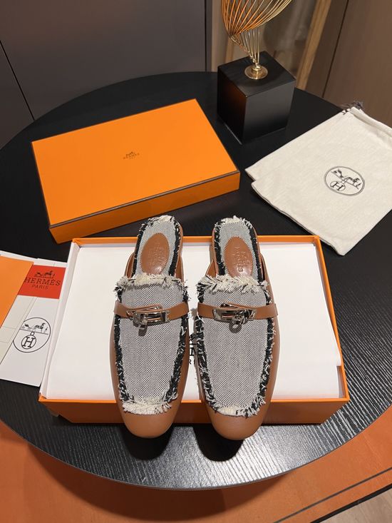 Hermes Colorblock Leather Fabric Mule Slides with Tassel Detail