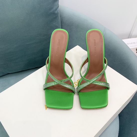 Amina Muaddi Shiny Rhinestone Satin High Heel Slides