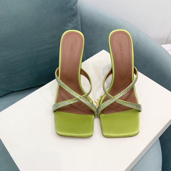 Amina Muaddi Shiny Rhinestone Satin High Heel Slides