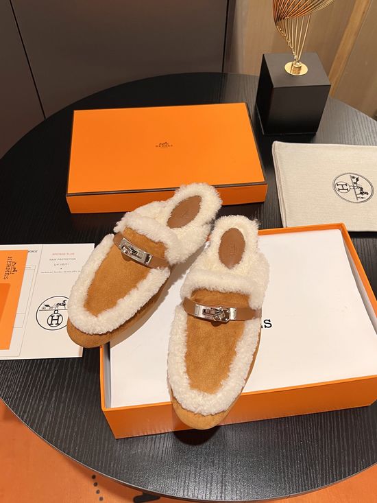 Hermes Buckle Decor Wool Half Slippers Cozy Wear-resistant Sole