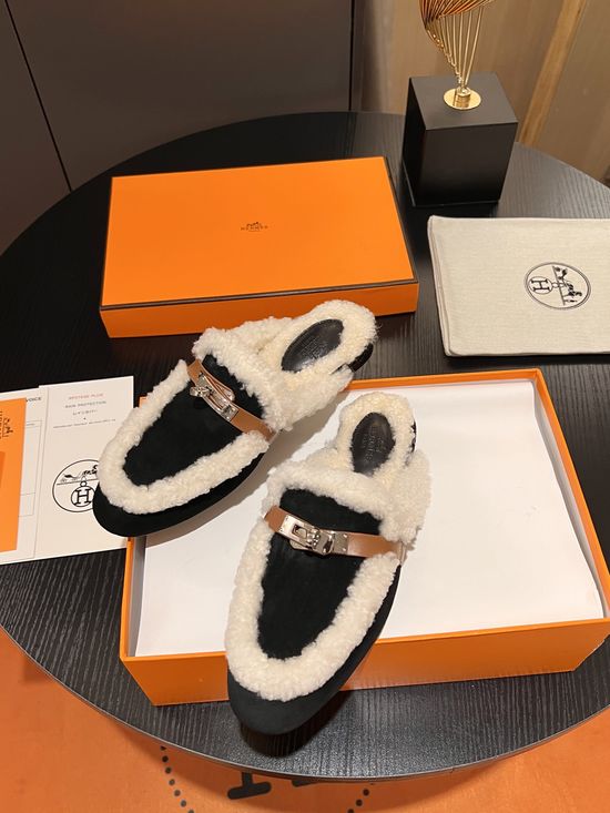 Hermes Buckle Decor Wool Half Slippers Cozy Wear-resistant Sole