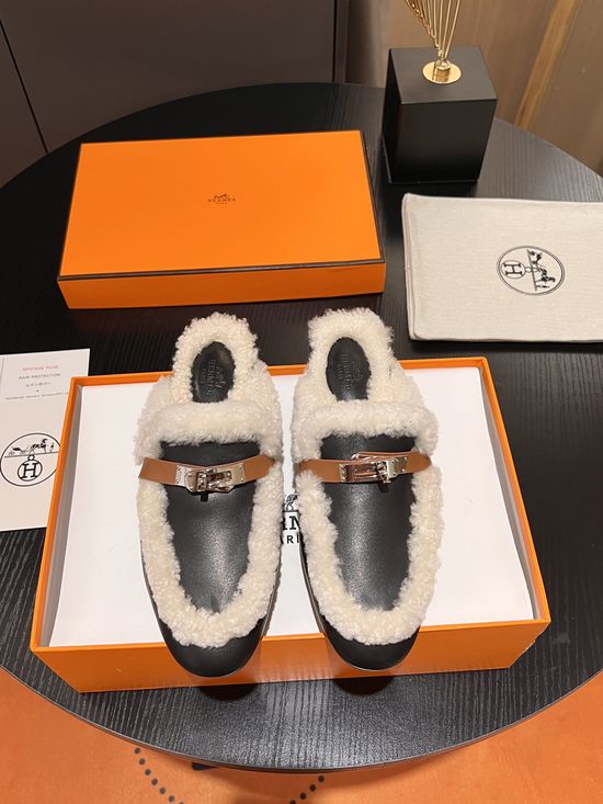 Hermes Buckle Decor Wool Half Slippers Cozy Wear-resistant Sole