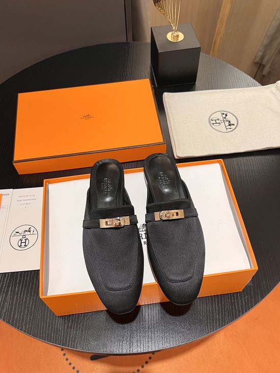 Hermes Silk Upper Classic Mule Slides with Leather Lining