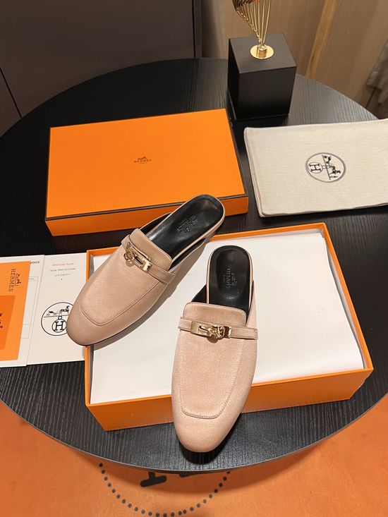 Hermes Silk Upper Classic Mule Slides with Leather Lining
