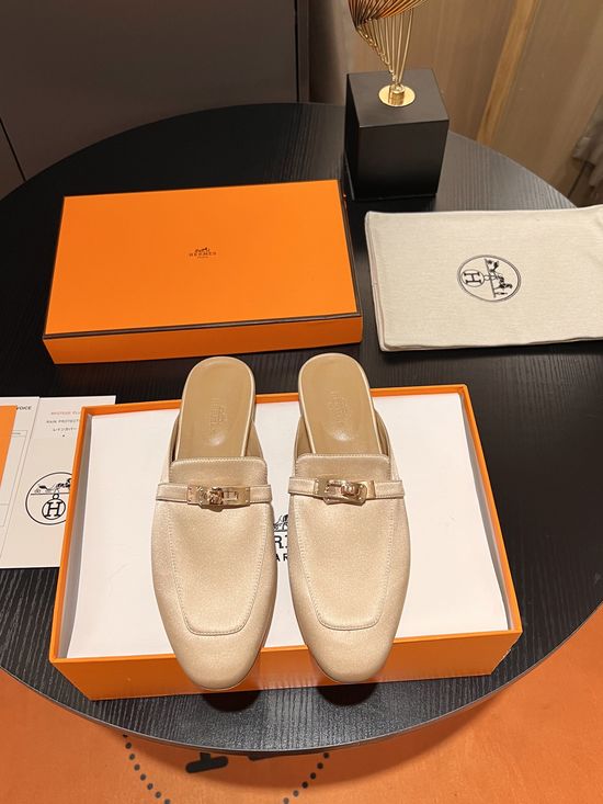 Hermes Silk Upper Classic Mule Slides with Leather Lining