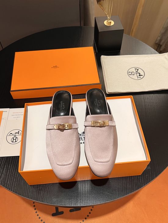 Hermes Silk Upper Classic Mule Slides with Leather Lining