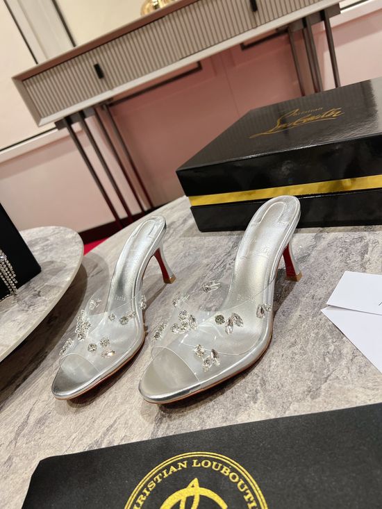 Christian Louboutine Clear PVC Silver Crystal Decor Block Heel Slip On Shoes
