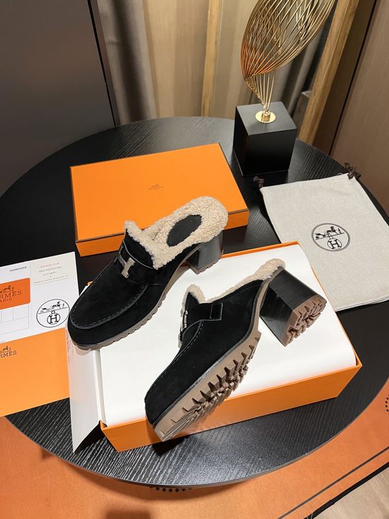 Hermes Wool Lined Half Slippers Soft Anti-slip Sole