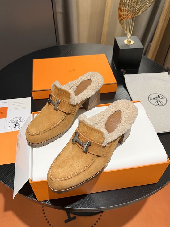 Hermes Wool Lined Half Slippers Soft Anti-slip Sole