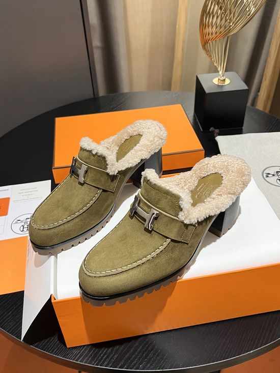 Hermes Wool Lined Half Slippers Soft Anti-slip Sole