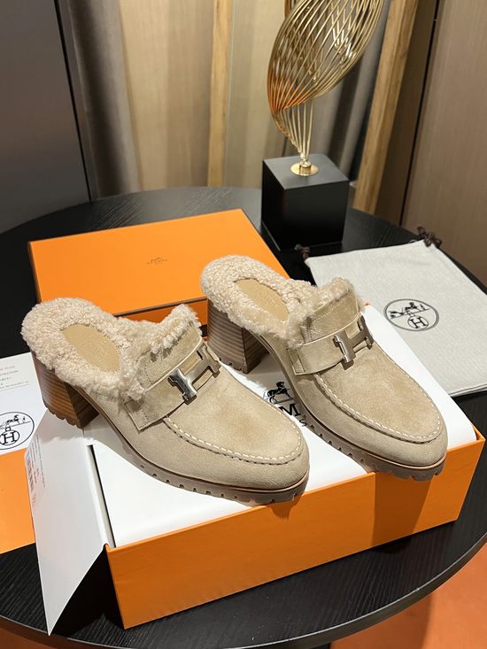 Hermes Wool Lined Half Slippers Soft Anti-slip Sole