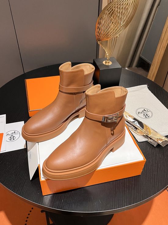 Hermes Genuine Leather Ankle Boots with Rubber Outsole