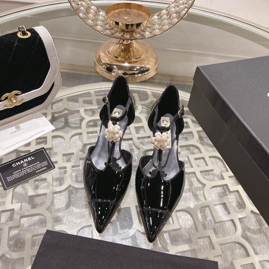 Chanel Camellia Strap Patent Leather Low Heel Dress Shoes