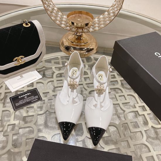 Chanel Camellia Strap Patent Leather Low Heel Dress Shoes