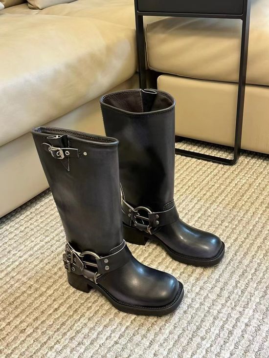 Miu Miu Premium Cowhide Knee High Boots Comfortable Punk Style