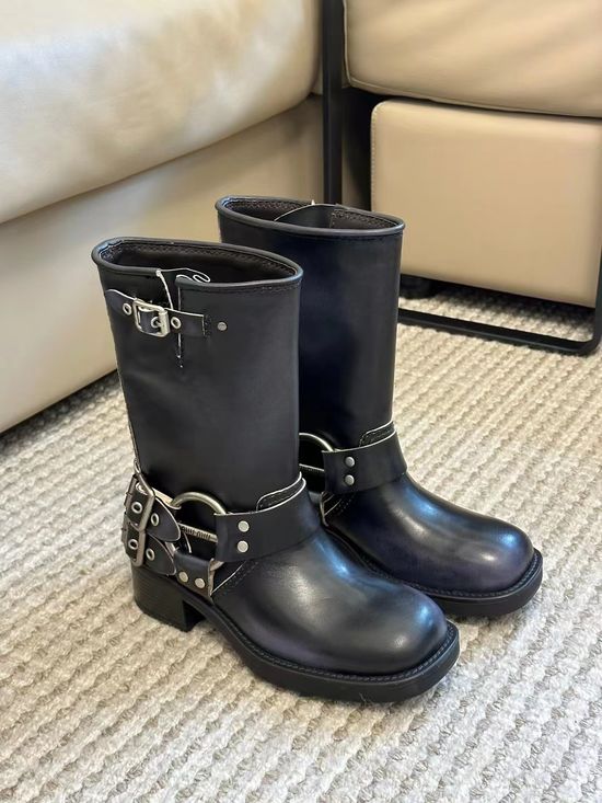 Miu Miu Premium Cowhide Knee High Boots Comfortable Punk Style
