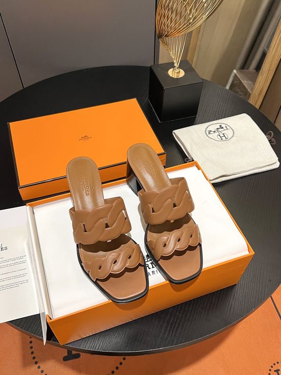 Hermes Classic Embossed Leather Block Heel Slide Sandals