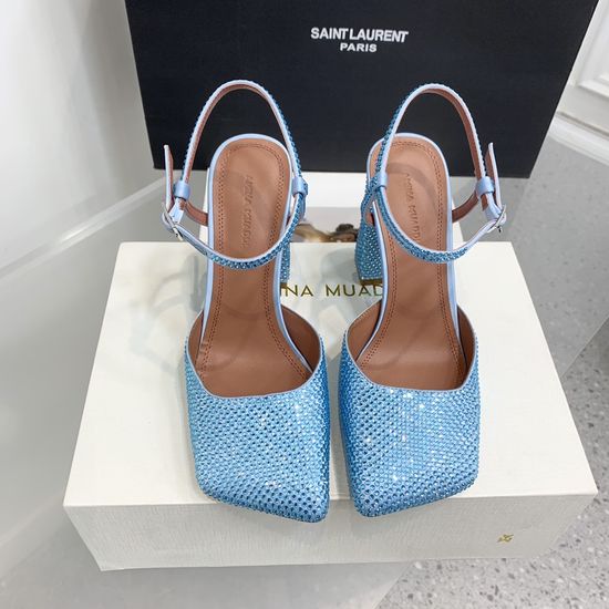 Amina Muaddi Rhinestone Decor Satin Square Toe High Heel Shoes