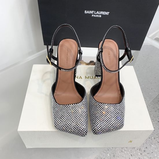 Amina Muaddi Rhinestone Decor Satin Square Toe High Heel Shoes