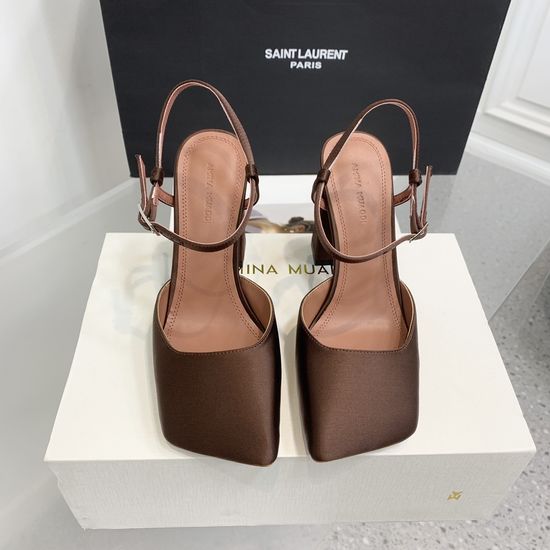 Amina Muaddi Satin Leather Square Toe Classic High Heel Shoes
