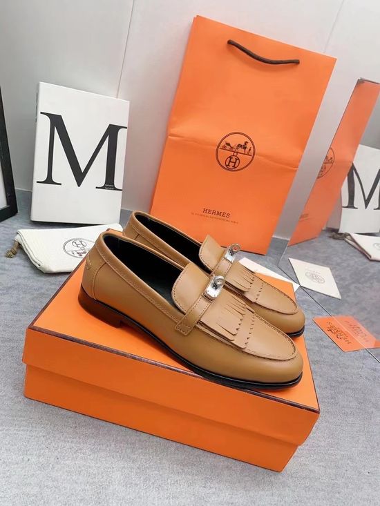 Hermes Classic Metal Buckle Leather Upper Comfortable Flats