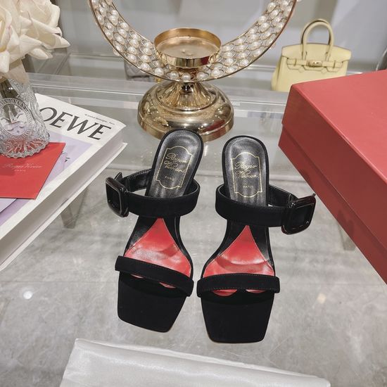 Roger Viver Double Strap Square Buckle Chunky Heel Leather Slides