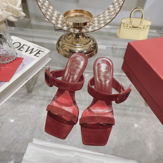 Roger Viver Double Strap Square Buckle Chunky Heel Leather Slides