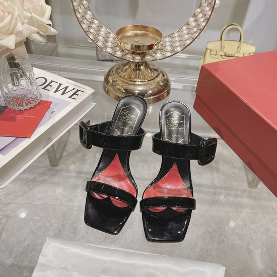 Roger Viver Double Strap Square Buckle Chunky Heel Leather Slides