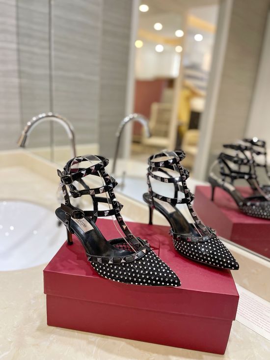Valentino Rhinestone Decor Rivet Mesh High Heel Pumps