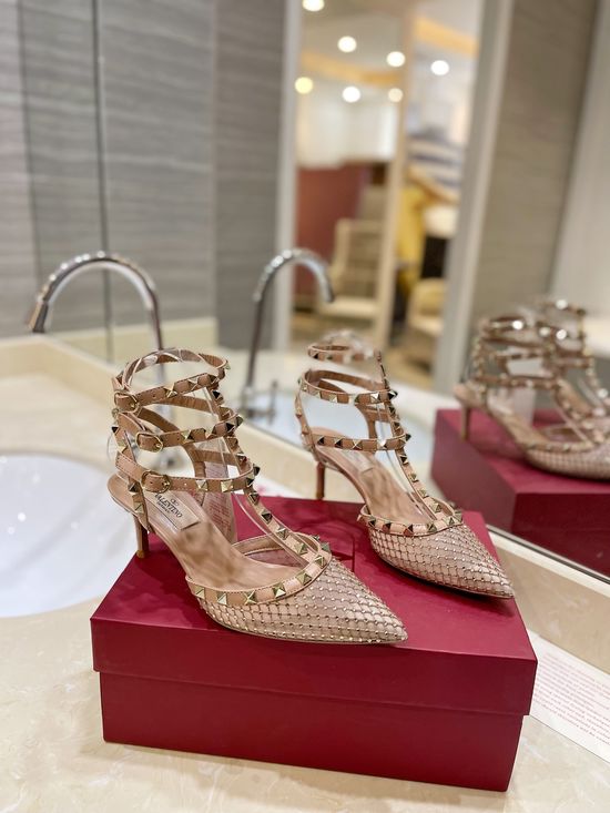 Valentino Rhinestone Decor Rivet Mesh High Heel Pumps