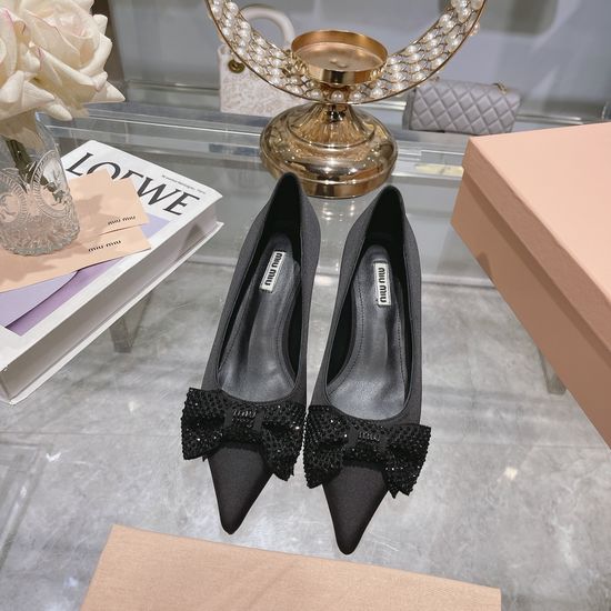 Miu Miu Rhinestone Bow Kitten Heel Pumps Satin Upper Leather Sole