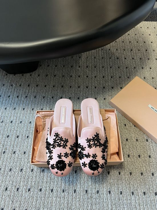 Miu Miu Beaded Loafer Slides Silk Upper Handmade Non-slip Sole