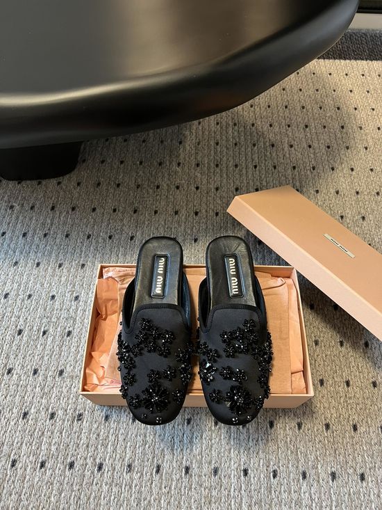 Miu Miu Beaded Loafer Slides Silk Upper Handmade Non-slip Sole