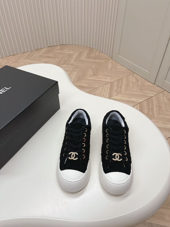 Chanel Low-top Woolen Casual Shoes with Metal Button Thick Sole