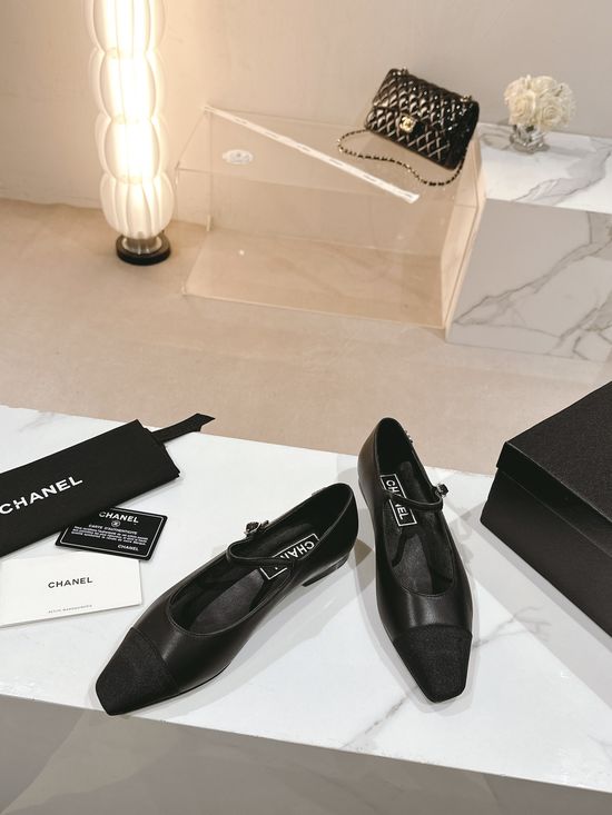 Chanel Rhinestone Decor Pointed Square Toe Leather Flat Shoes