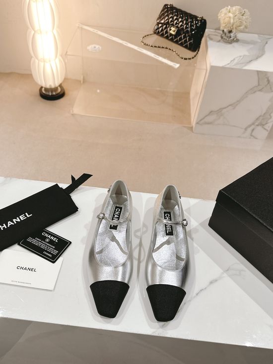 Chanel Rhinestone Decor Pointed Square Toe Leather Flat Shoes