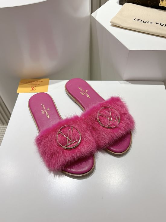 Louis Vuitton Genuine Leather Mink Fur Open Toe Flat Slides Luxury