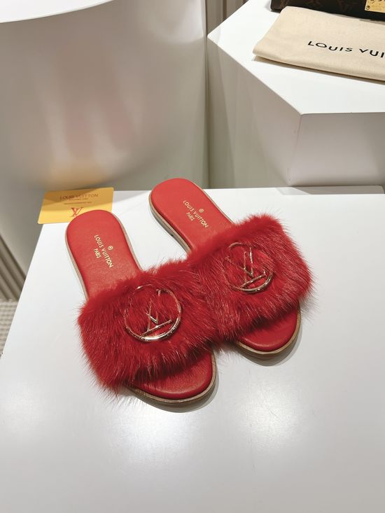 Louis Vuitton Genuine Leather Mink Fur Open Toe Flat Slides Luxury