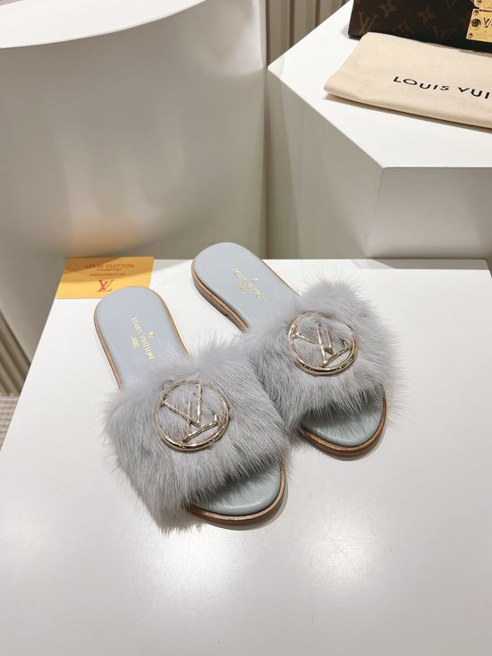 Louis Vuitton Genuine Leather Mink Fur Open Toe Flat Slides Luxury