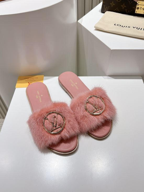Louis Vuitton Genuine Leather Mink Fur Open Toe Flat Slides Luxury