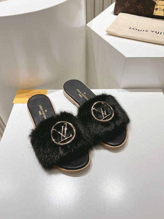 Louis Vuitton Genuine Leather Mink Fur Open Toe Flat Slides Luxury