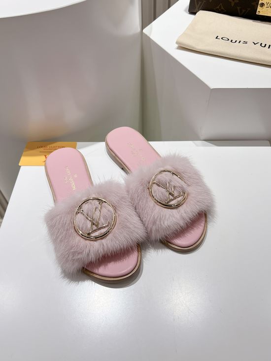 Louis Vuitton Genuine Leather Mink Fur Open Toe Flat Slides Luxury