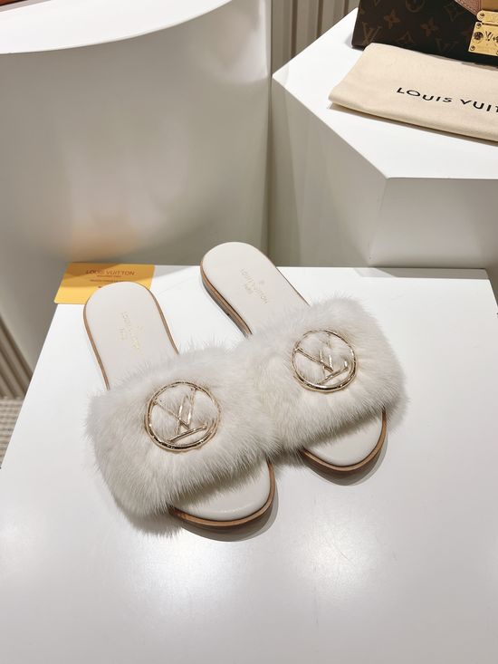 Louis Vuitton Genuine Leather Mink Fur Open Toe Flat Slides Luxury