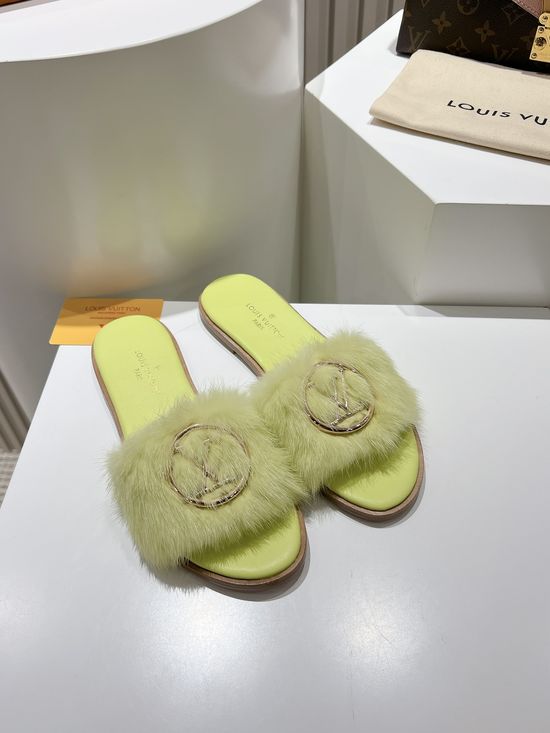 Louis Vuitton Genuine Leather Mink Fur Open Toe Flat Slides Luxury