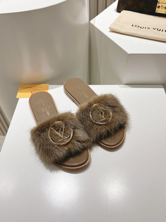 Louis Vuitton Genuine Leather Mink Fur Open Toe Flat Slides Luxury